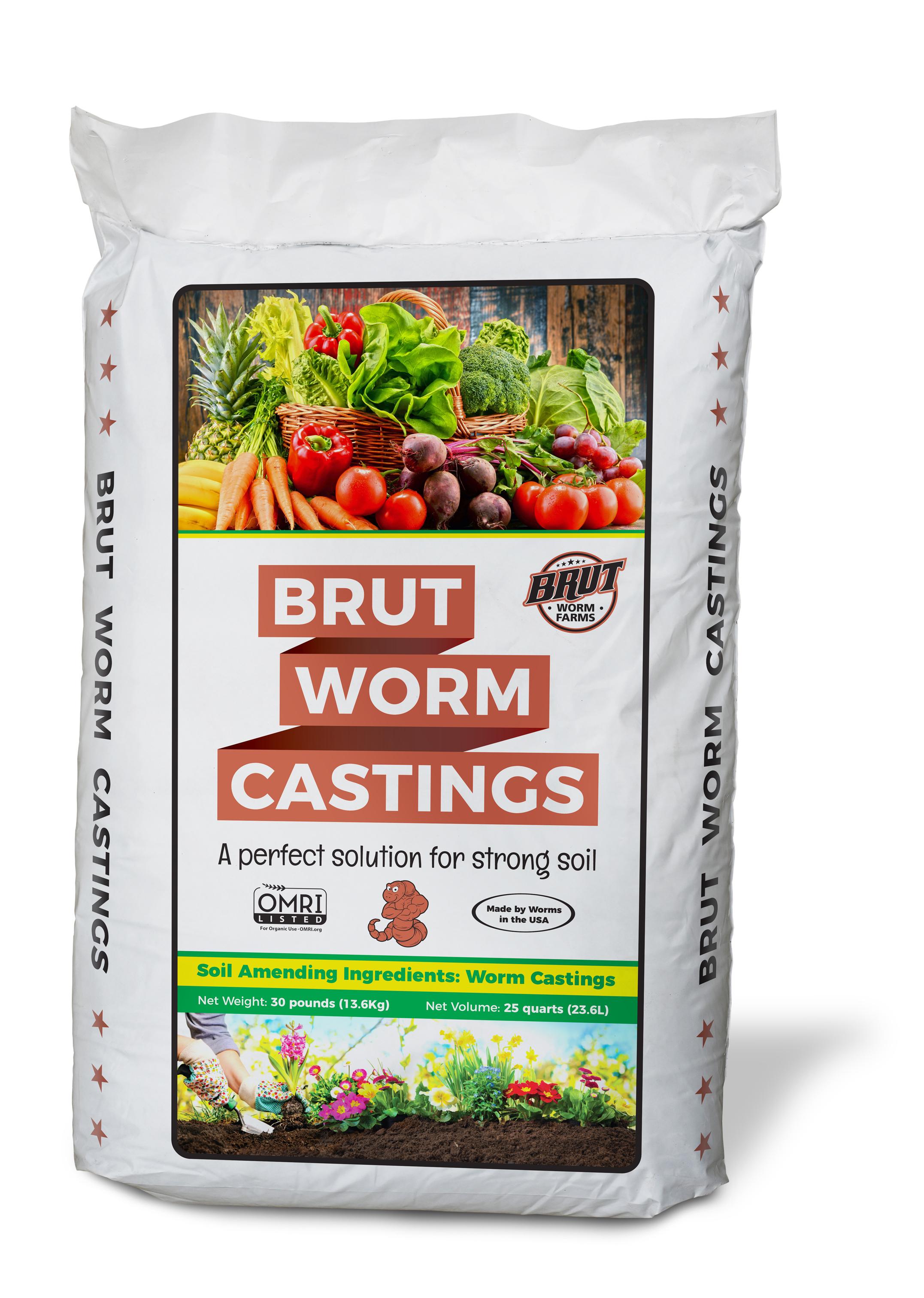 Brut Worm Farms All Natural Organic Worm Castings Soil Builder, 30 Pound Bag